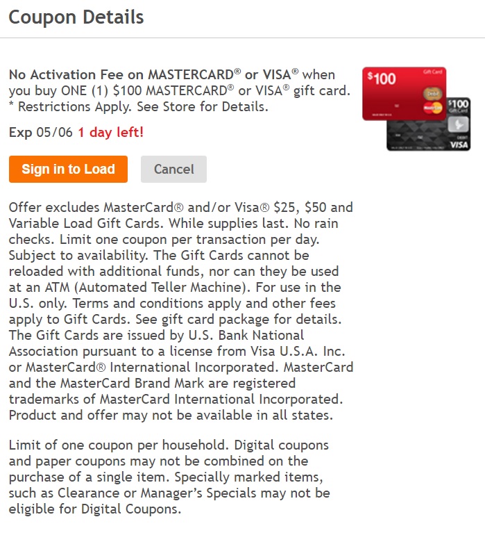 0 activation fee Visa / MC Gift Card at Kroger earn