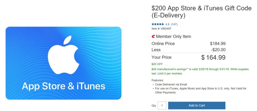 $200 iTunes for $165 at Costco (should stack w/ $50 back on $250)