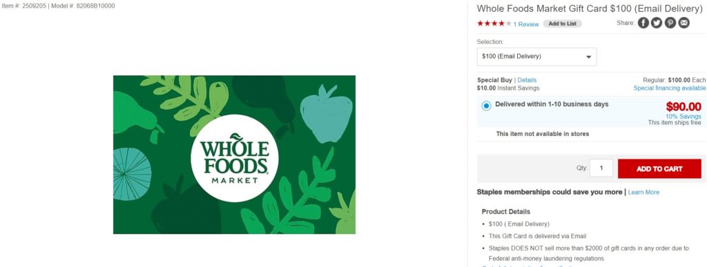 [Dead] $100 Whole Foods gift card + 5x at Staples