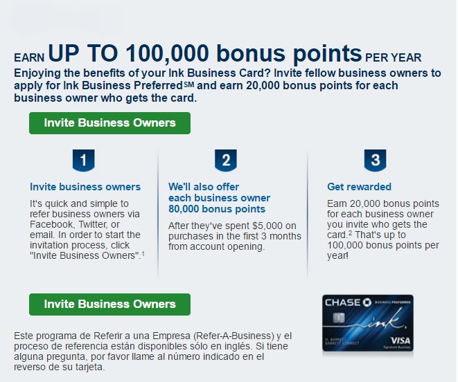 20K points per referral with Chase Ink; Earn up to 100K