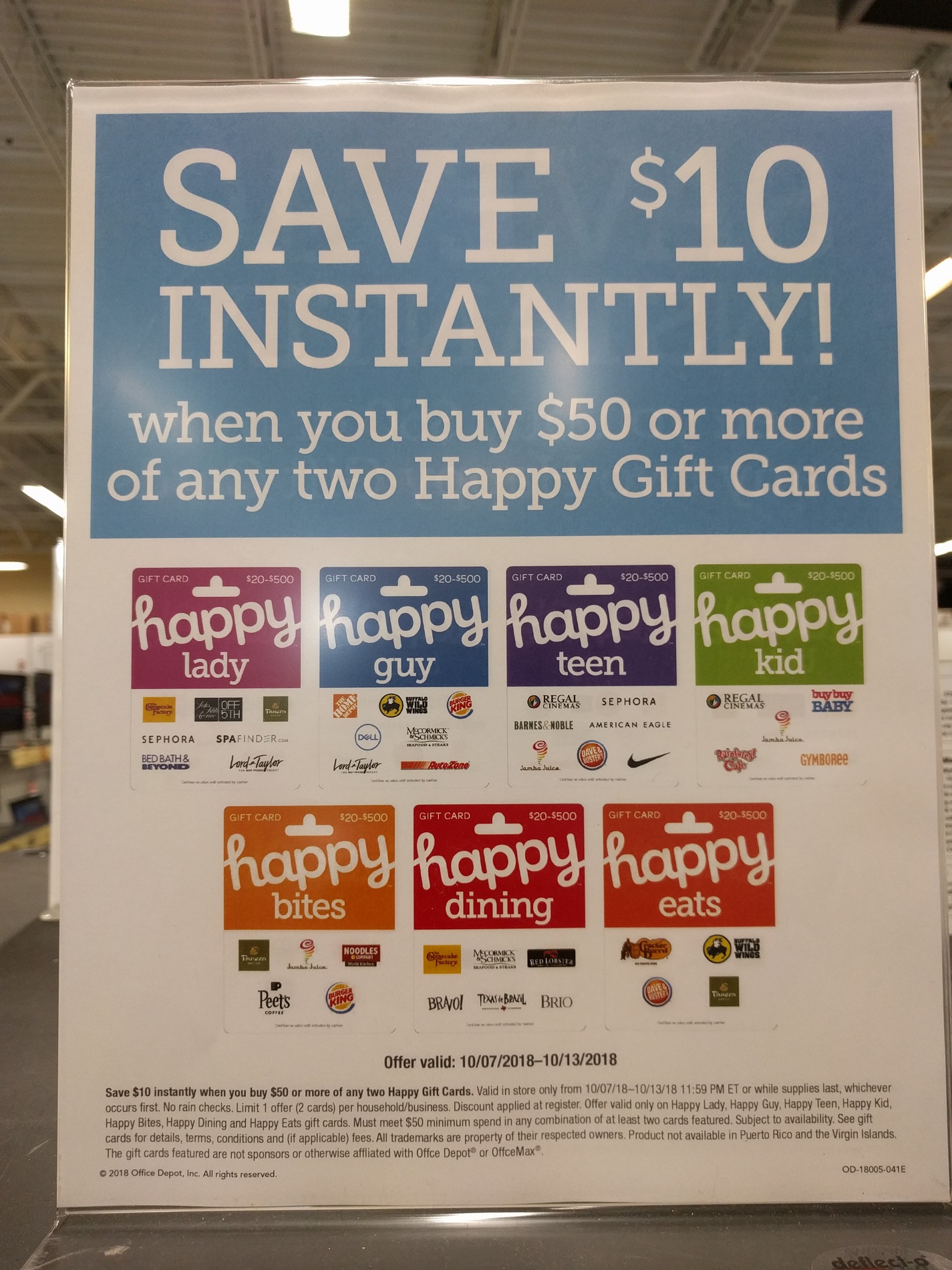 (EXPIRED) $10 off of $50 on Happy Gift Cards at Office Max / Depot (in